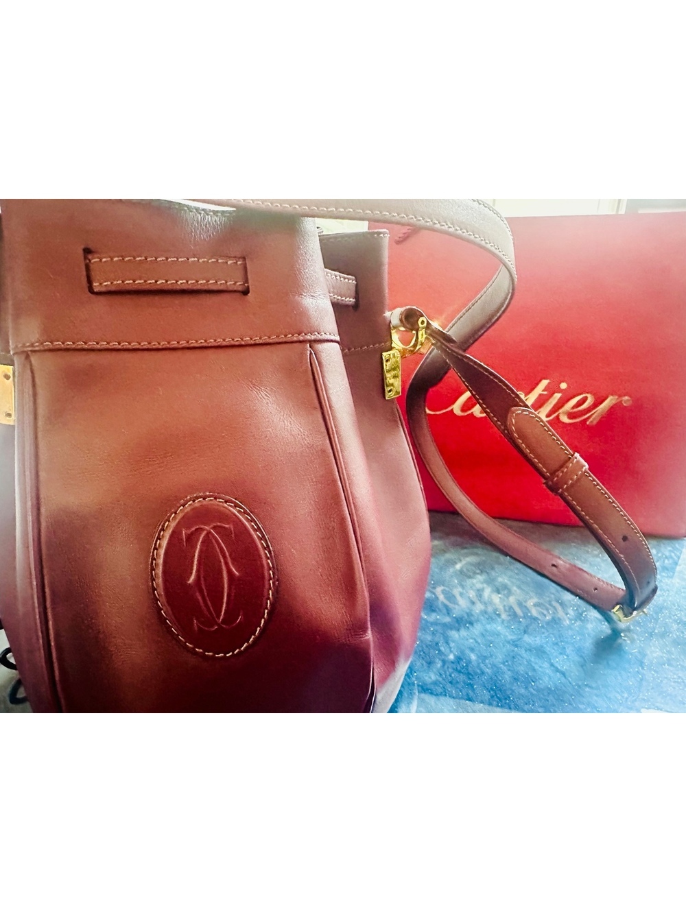 Cartier Vintage Burgundy Leather Bucket Bag with Gold Hardware